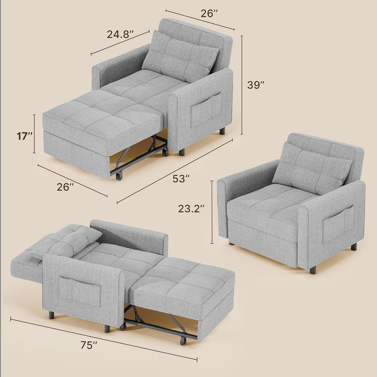 2026 Gizoon Sofá cama 3 en 1 convertible, silla cama individual extraíble con respaldo ajustable, espaciosos sofás multifuncionales para sala de estar, dormitorio, apartamento