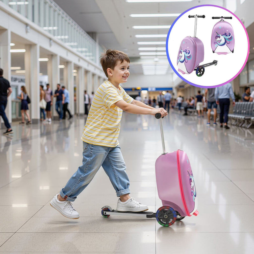 2026 NewKFFKFF Ride-on Kids Luggage, 20L Capacity, 20-Inch Scooter Suitcase with Flashing PU Wheels, Adjustable Handle & Non-Slip Grip, Foldable and Lightweight Travel Companion for Children Aged 5+, Purple