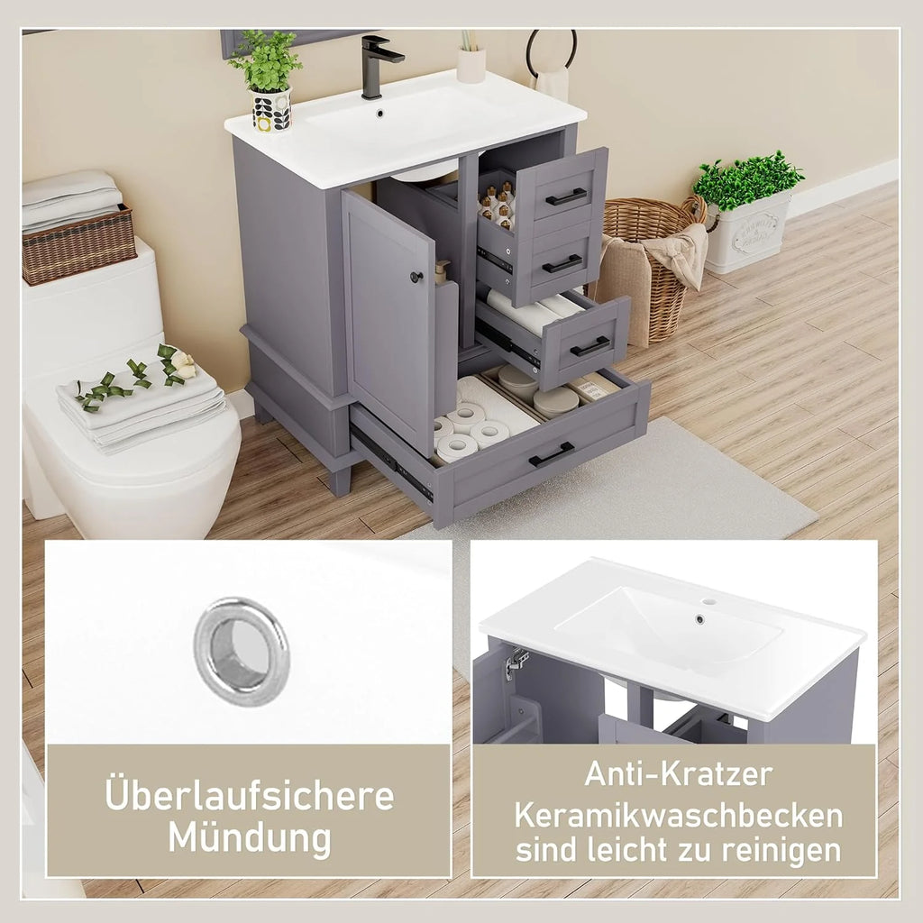 2026 Armario de Baño Lcoho 76 x 46 x 83,5 cm con Lavabo, Lacado Completo, Estantería para Puerta, Tres Cajones Silenciosos, Lavabo de Cerámica Integrado (Gris)