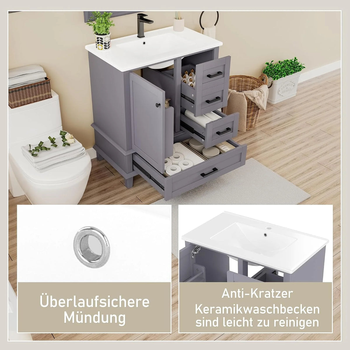2026 Armario de Baño Lcoho 76 x 46 x 83,5 cm con Lavabo, Lacado Completo, Estantería para Puerta, Tres Cajones Silenciosos, Lavabo de Cerámica Integrado (Gris)