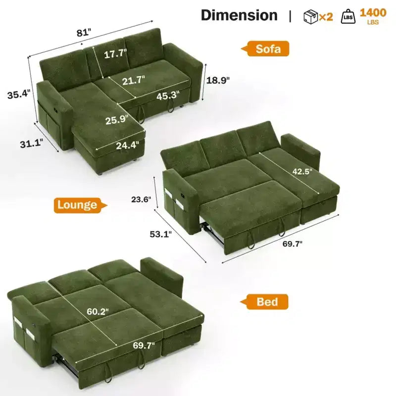 2026 Sofá cama extraíble 2 en 1 con chaise longue de almacenamiento, chenilla y puertos USB
