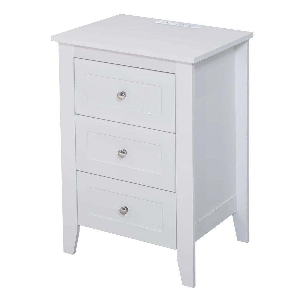 2026 NewGlavbiku Modern White 3 Drawer Nightstand Set of 2 with USB Ports & Power Outlets for Bedrooms,Adult