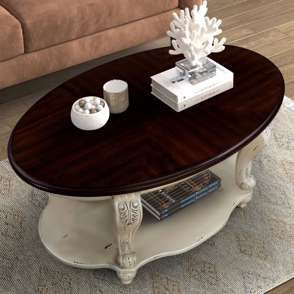 2026 New42" Oval Coffee Table with Storage Shelf, 2-Tier Solid Wood Cocktail Tea Table, Traditional Retro Center Table for Living Room, Bearing 400LBS, Cherry