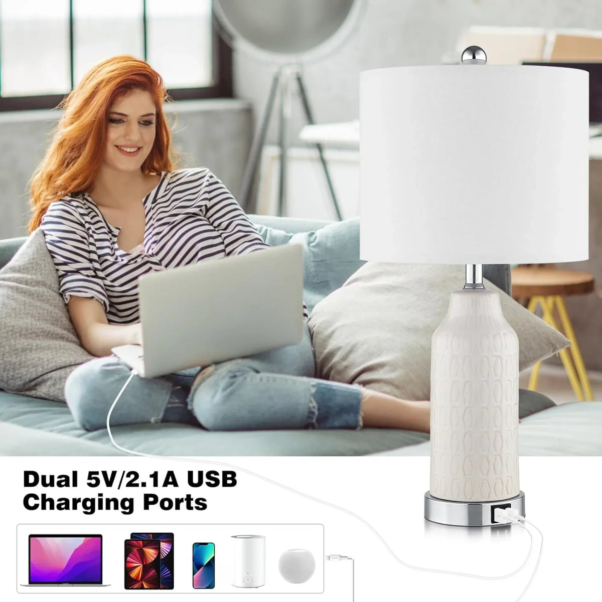 2026 NewCinkeda Table Lamp Set of 2 for Living Room Bedroom with USB Ports AC Outlet 3 Way Dimmable Touch Nightlight Farmhouse White Floral Nightstand Bedside Lamps