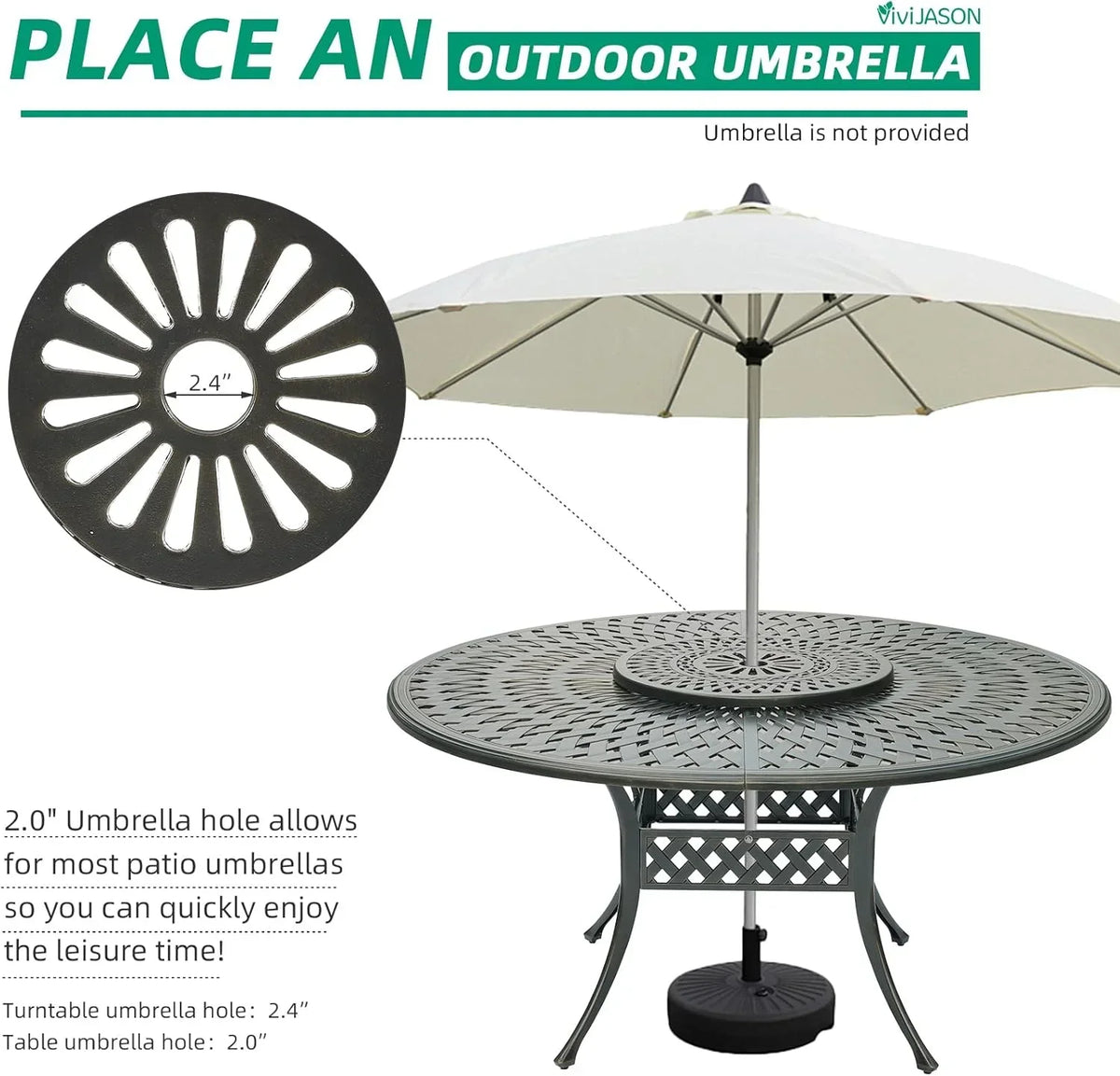 2026 NewVIVIJASON Outdoor 61" Patio Dining Table for 6-8 Person, Large Patio Round Dining Table with 24" Lazy Susan, Dark Bronze Cast Aluminum Rustic Patio Table W/Umbrella Hole for Balcony, Porch and Deck