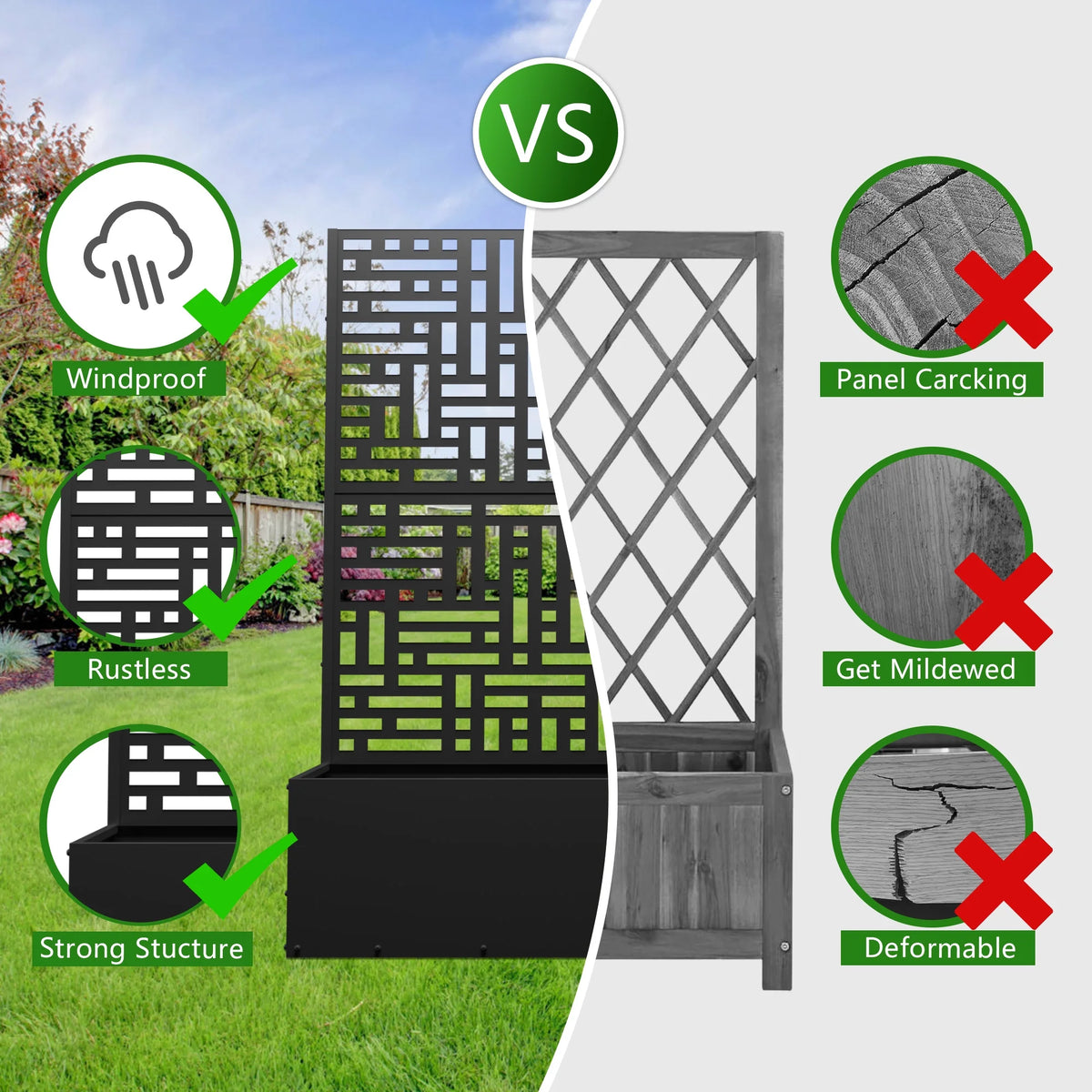 2026 Macetero metálico FOOWIN de 180 cm de alto con enrejado, jardinera elevada para exteriores para plantas trepadoras, jardinera con enrejado y orificio de drenaje, color negro.