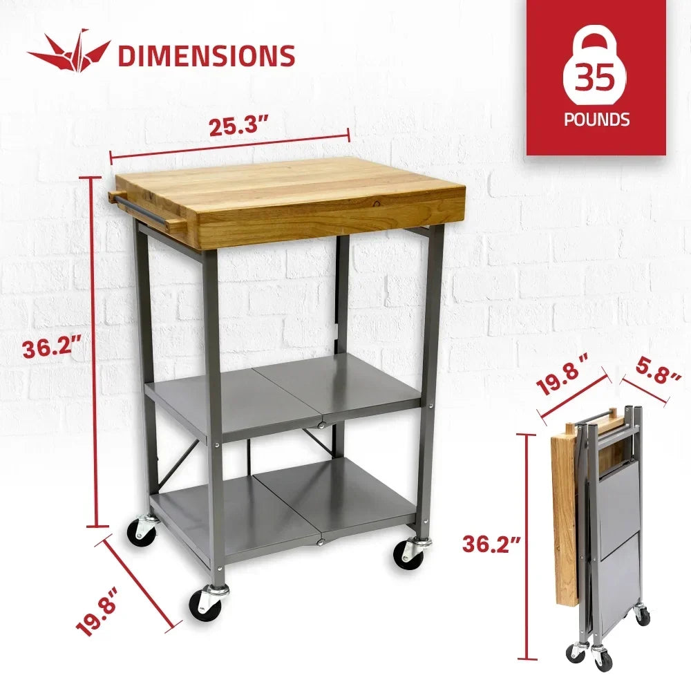 2026 NewOrigami Foldable Wheeled Portable Solid Wood Top Kitchen Island Bar Cart