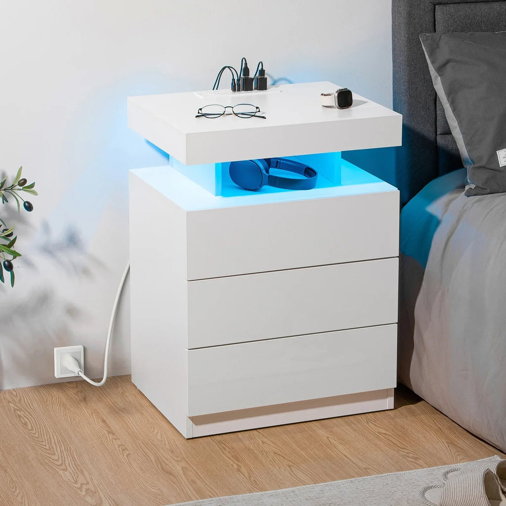 2026 NewHommpa LED Nightstand Wireless Charging Station USB Type C Outlets Bedside Table 3 Drawers Black Night Table Modern Smart Nightstand High Gloss End Side Table for Bedroom Furniture 26.8" Tall