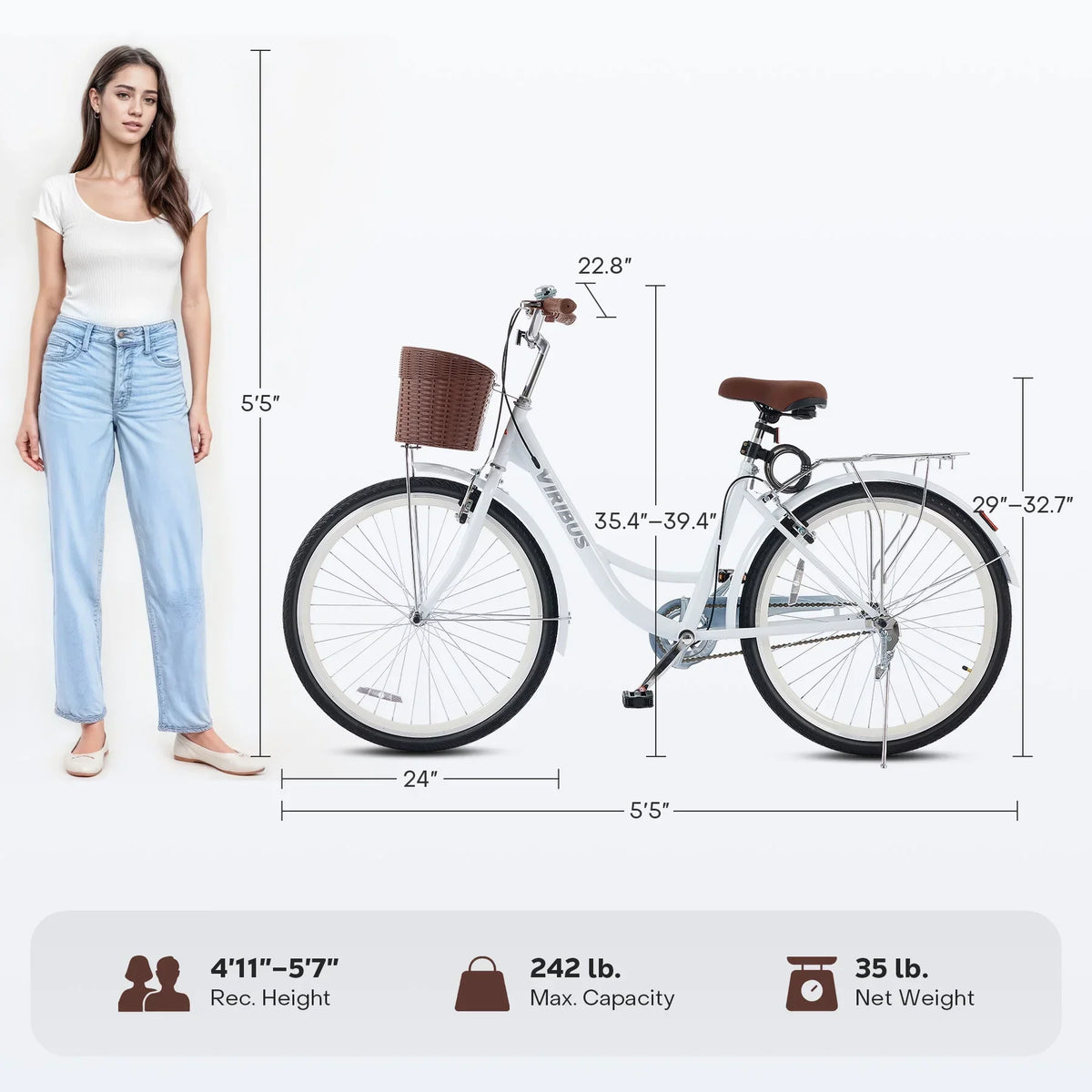 2026 NewViribus Women's Comfort Bike 24 inch Beach & City Cruiser Bicycle with Basket Rack White