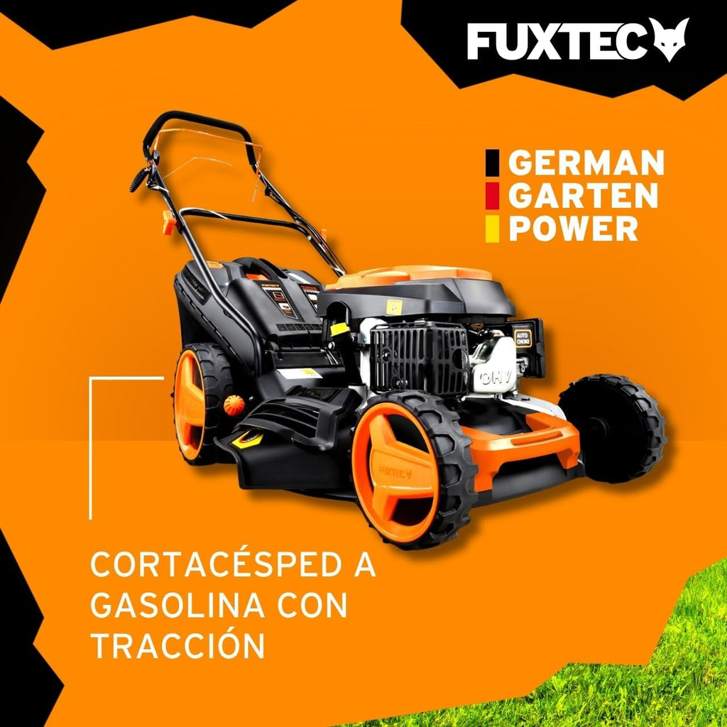 2026 Cortacésped de tracción de Gasolina autopropulsado FUXTEC FX-RM4646 46cm de Ancho de Corte, Potente Motor de Gasolina con transmisión GT 146cc Easy Clean 4en1 2,6KW Mulching/Bolsa de césped 50L