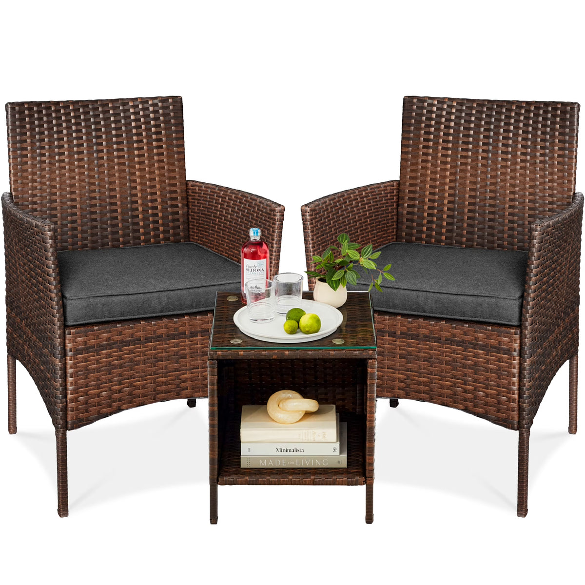 2026 NewBest Choice Products 3-Piece Outdoor Wicker Conversation Patio Bistro Set, w/ 2 Chairs, Table - Gray/Navy