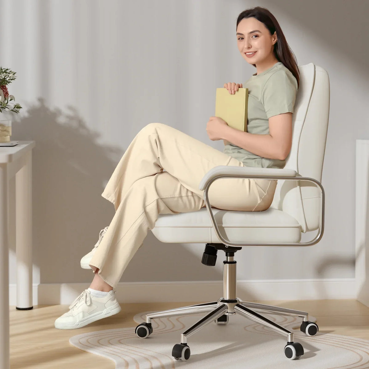 2026 NewSolfway White Office Chair, Swivel Leather Computer Desk Chair with Wheels and Padded Arms, Executive Office Chair for Adults
