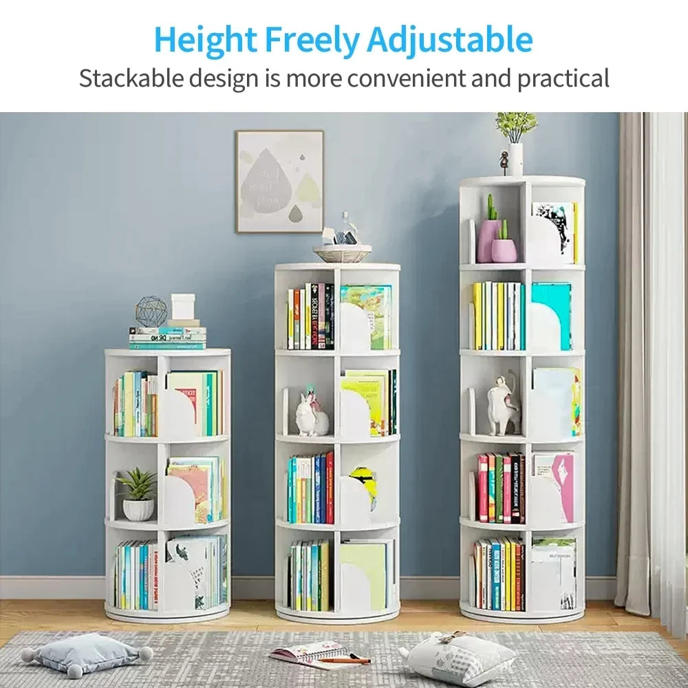 2026 NewBimiti 5 Tier Rotating Bookshelf, 360?" Revolving Bookcase 20 Shelves Floor-Standing Storage Display Rack - White 63"x18"x18", Adult