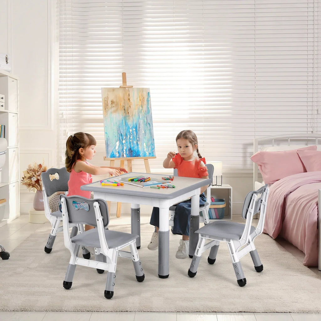 2026 NewArlopu 5 Pcs Kids Table and Chairs Set, Height Adjustable, Toddlers Activity Table & 4 Chairs Set for Study, Grey