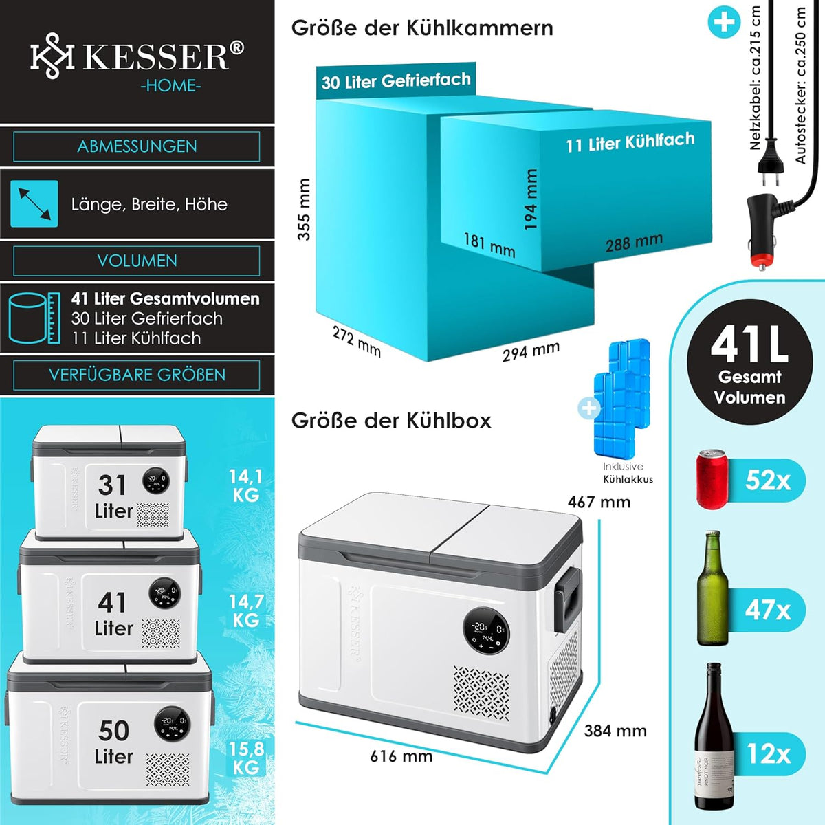2026 Nevera portátil con compresor KESSER 2 en 1, doble zona de refrigeración y congelación, con 2 acumuladores de frío y control táctil LED | Refrigerador con capacidad de enfriamiento hasta -20 °C para camping, coche y camión, 12/24 V 230 V
