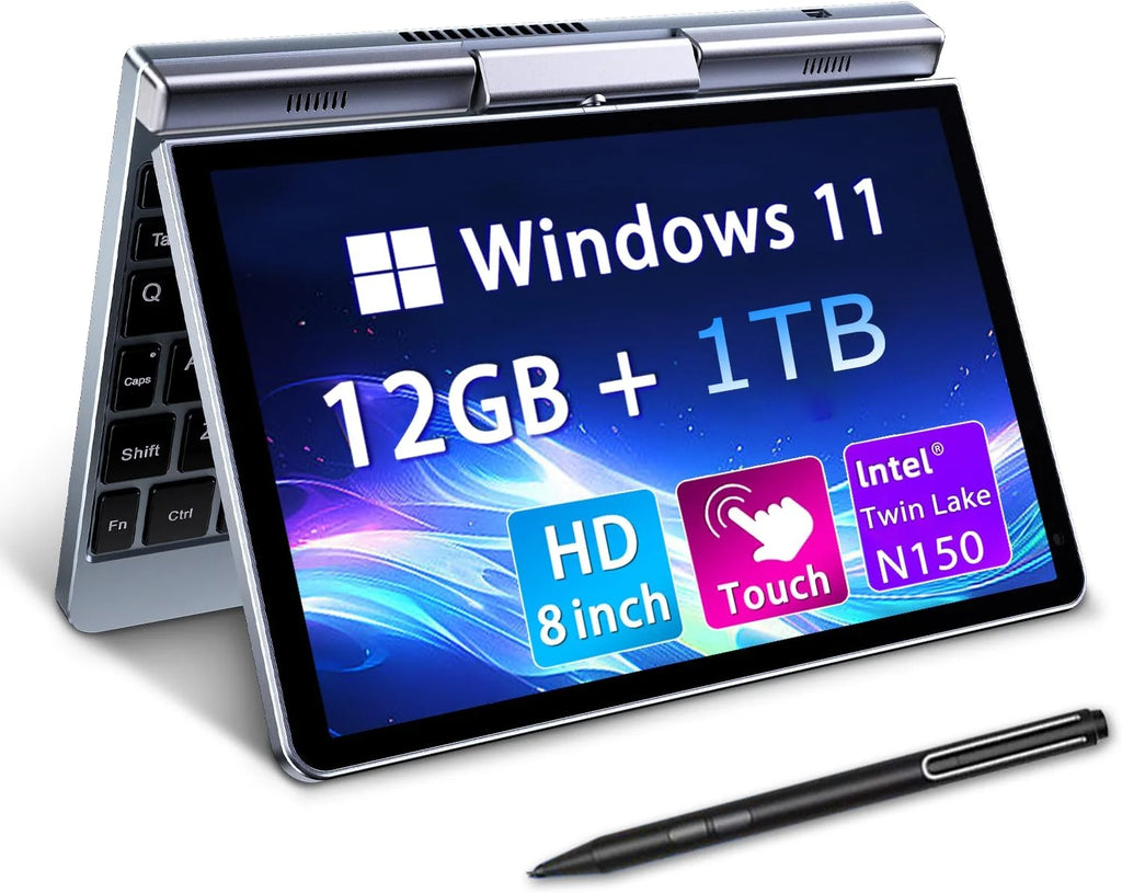 2026 Mini Portátil 8" 2 en 1, Ordenador Portátil Win 11, N150 (hasta 3.6 GHz), 12 GB RAM 1 TB SSD, Pantalla Táctil HD, Teclado Retroiluminado, Wi-Fi 6, USB-C, PC Ligero y Portátil para