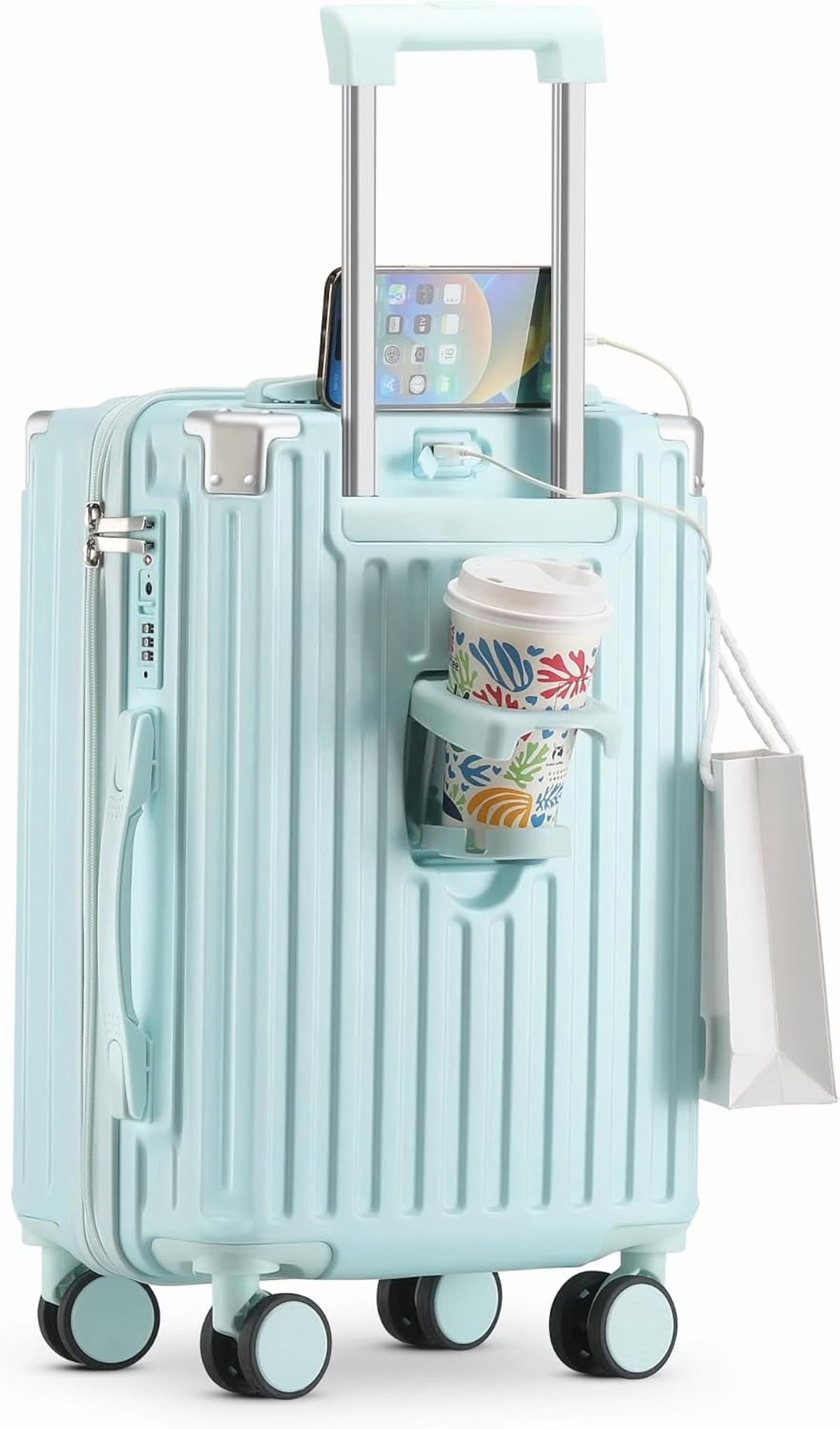 2026 New20 Inch Carry On Luggage With Cup Holder & USB Port, Airline Approved TSA-locked Luggage, Lightweight PC Material Travel Suitcase With 360" Spinner Wheel