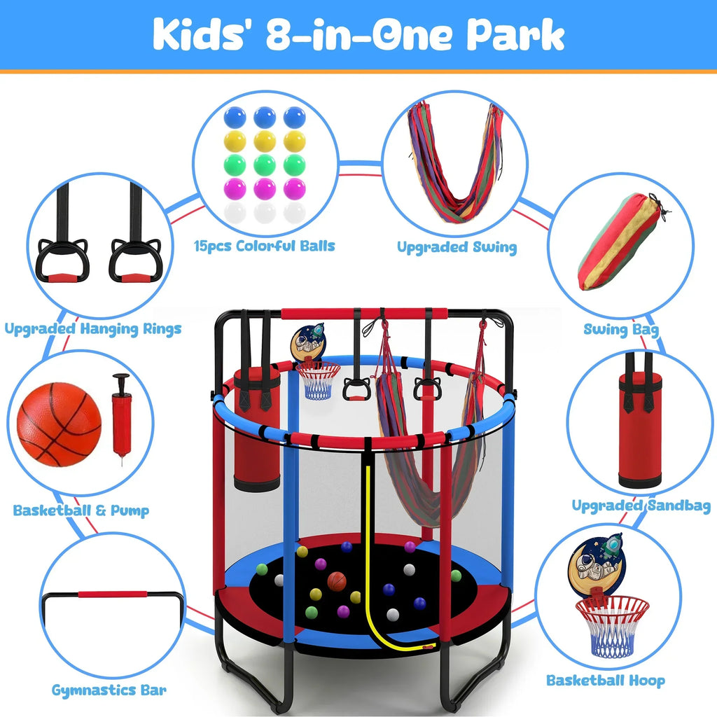2026 NewMini Round Trampoline for Kids with Basketball Hoop, SEGMART 55'' Indoor Outdoor Toddler Trampoline with Enclosure Net, Swing, Sandbag, Ring, Ocean Balls, Small Trampoline Gift for Boys Girls, Blue