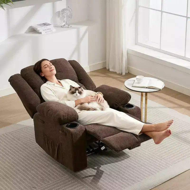 2026 Sillón reclinable manual con masaje por vibración y calefacción lumbar, bolsillo lateral y portavasos