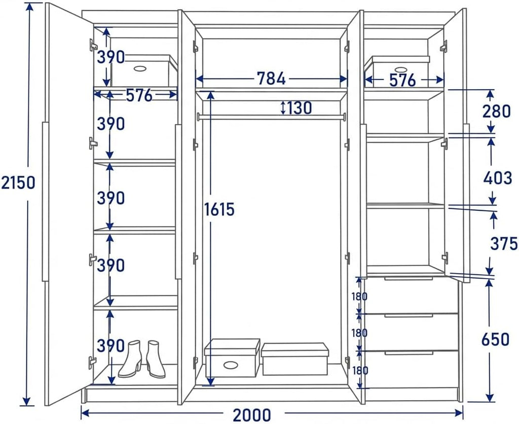 2026 Armario VIVO de A and J MöbelLand de 4 puertas con espejo y cajones - 200 x 215 cm - Armario con puertas batientes, barra para colgar ropa y estantes.