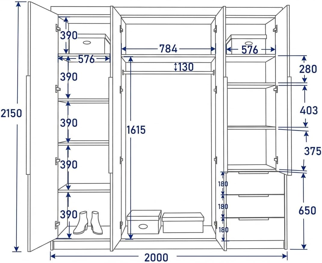 2026 Armario VIVO de A and J MöbelLand de 4 puertas con espejo y cajones - 200 x 215 cm - Armario con puertas batientes, barra para colgar ropa y estantes.