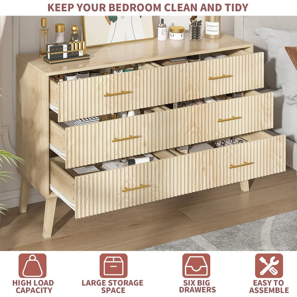 2026 NewFluted 6 Drawers Dresser, Wide Modern Chest of Drawers, 6 Drawer Double Dresser