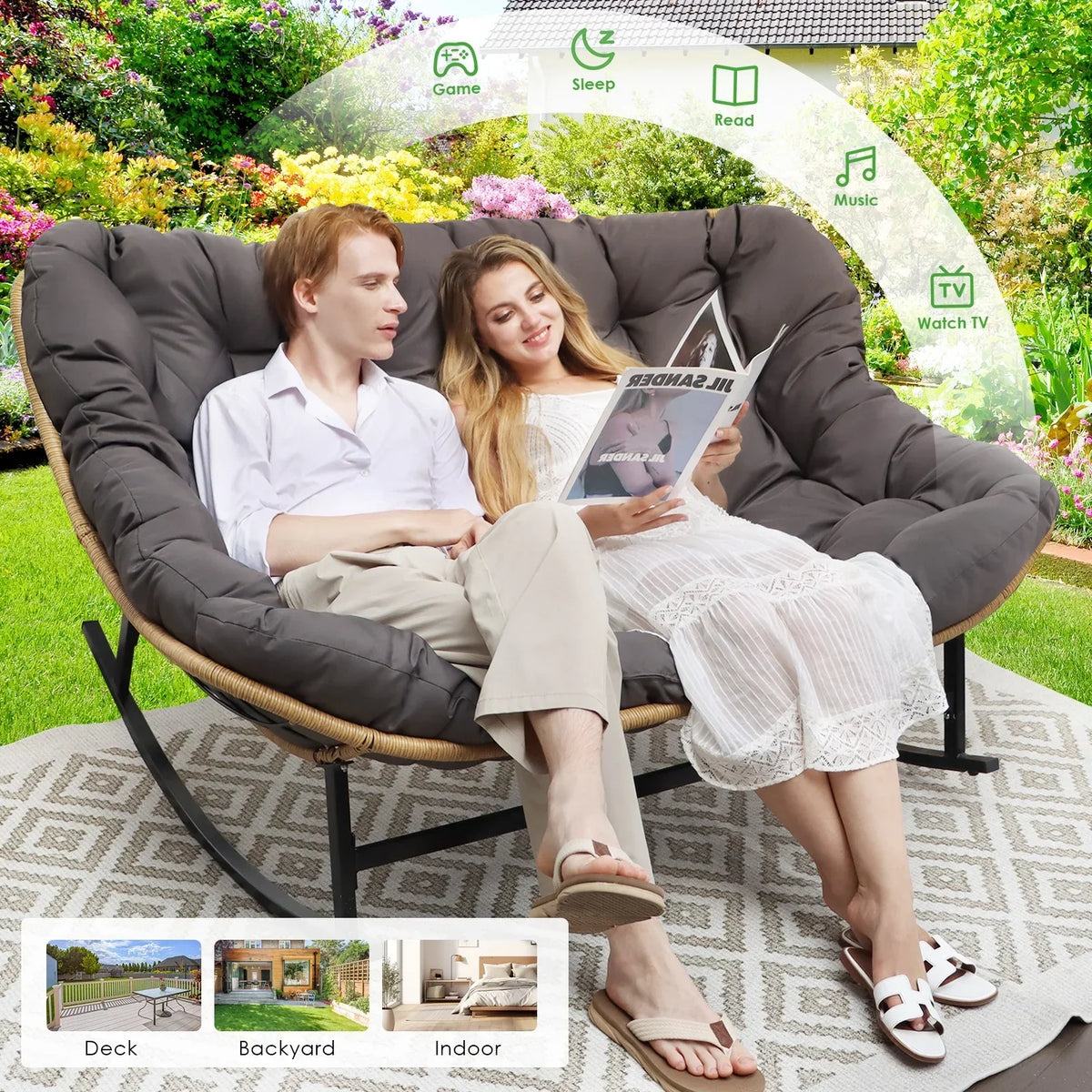 2026 NewRADIATA Beige Double Outdoor Rocking Chair, 2 Person Patio Rocking Egg Chair with Thick Cushion