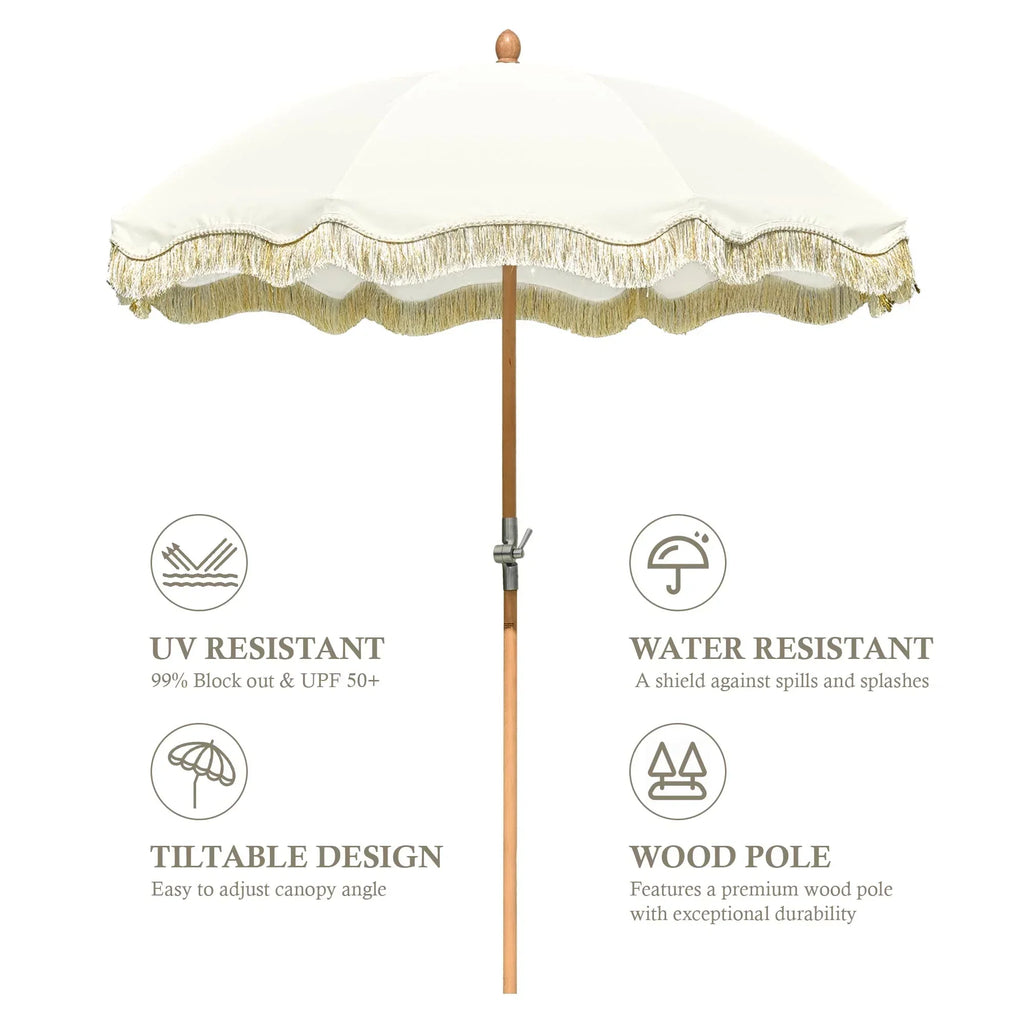 2026 NewLAGarden 6 Ft Fringe Patio Umbrella with Tassel Jazz Age Wood UPF50+ for Outdoor, Beige with gold tassel,Model: JZ6-01
