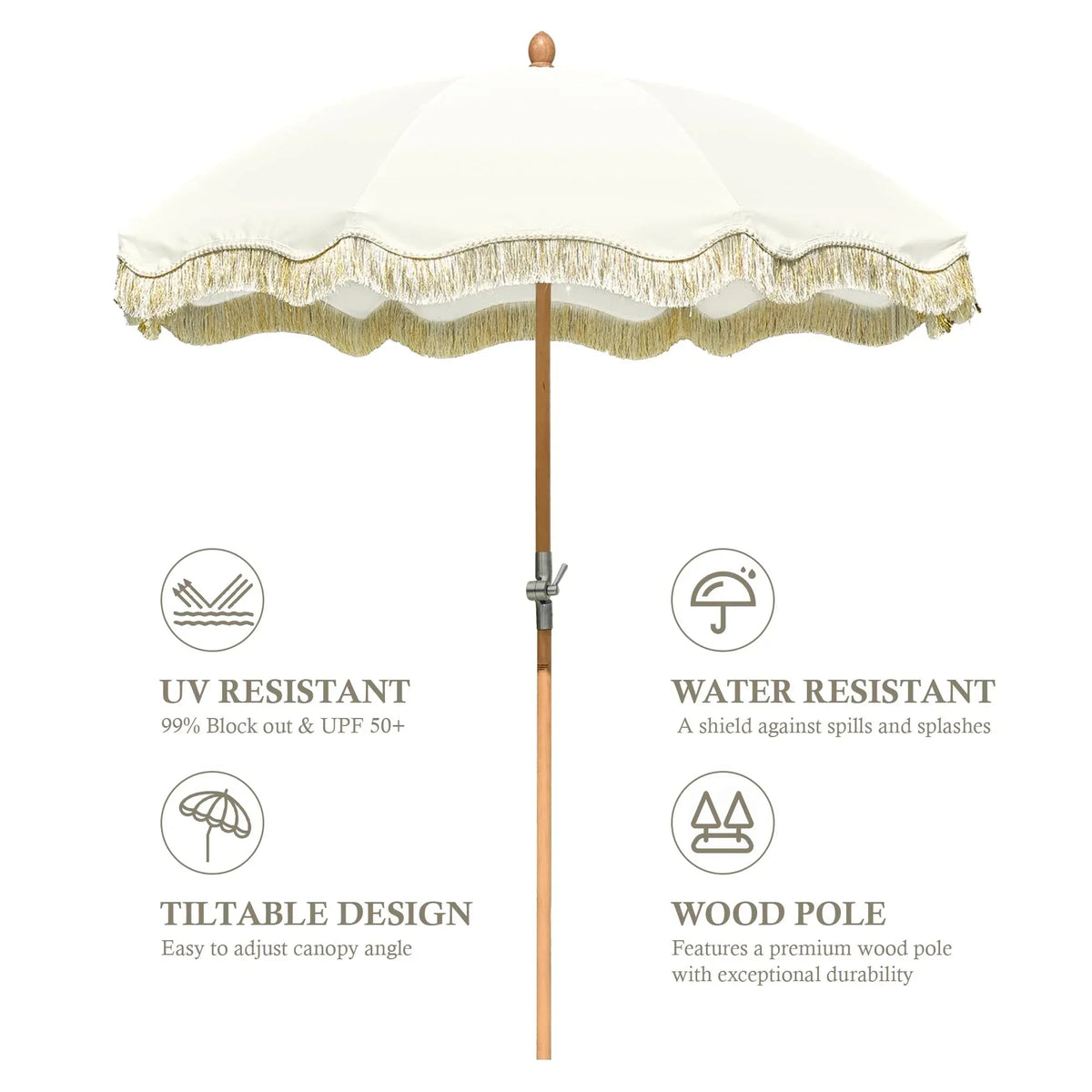 2026 NewLAGarden 6 Ft Fringe Patio Umbrella with Tassel Jazz Age Wood UPF50+ for Outdoor, Beige with gold tassel,Model: JZ6-01