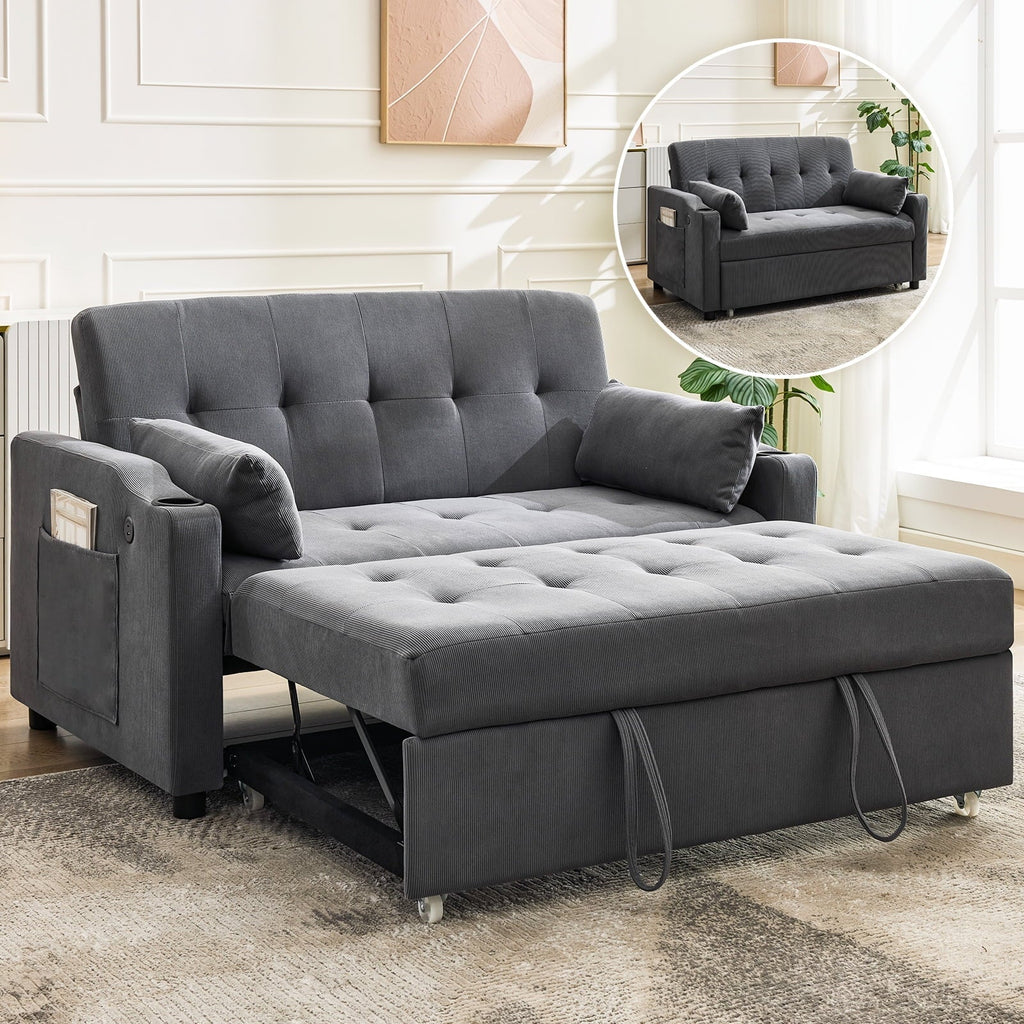 2026 New3 in 1 Convertible Sleeper Sofa Bed, Corduroy Futon Couches with Pull-Out Bed, Adjustable Backrest, Charging Port & Side Pockets, Modern Upholstered Sofa for Living Room, Guest Room