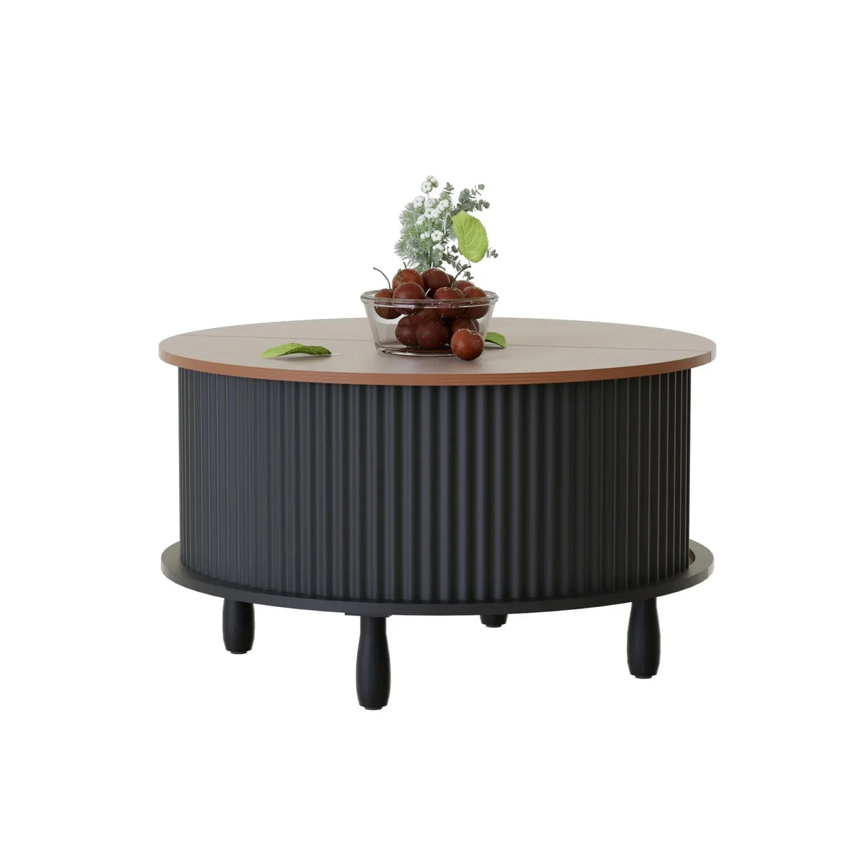 2026 NewRUMLIVE Round Coffee Table with Storage, 30.7" Modern Coffee Table with 360" Curved Sliding Door, Fluted Wood Coffee Table with Footpads, Round Center Table for Living Room, Black