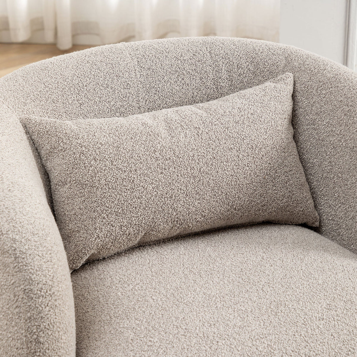 2026 New34" Wide Boucle Swivel Barrel Chair, No Assembly Round Upholstered Armchair Accent Chair Single Sofa Chair with Toss Pillow for Living Room and Bedroom, Taupe