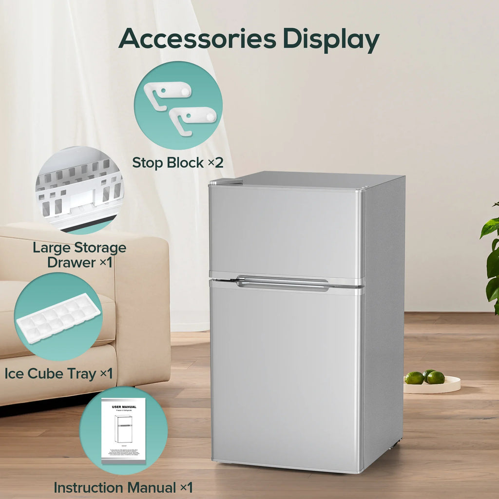 2026 NewAuseo 3.1 Cu.Ft Double Door Mini Fridge with Freezer, Compact Retro Refrigerator for Dorm, Office, Bar, Bedroom, Black