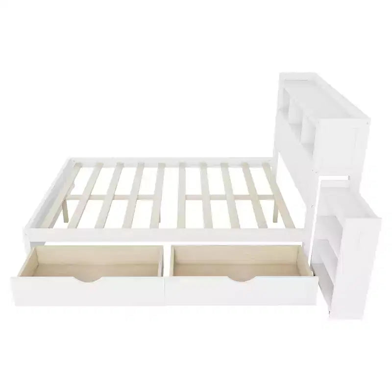 2026 Cama plataforma moderna de madera con cajones de almacenamiento y cabecero LED, natural/blanco, Twin/Full