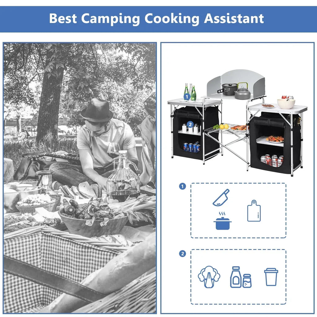 2026 NewGoplus Folding Portable Aluminum Camping Grill Table w/ Storage Organizer Windscreen Black