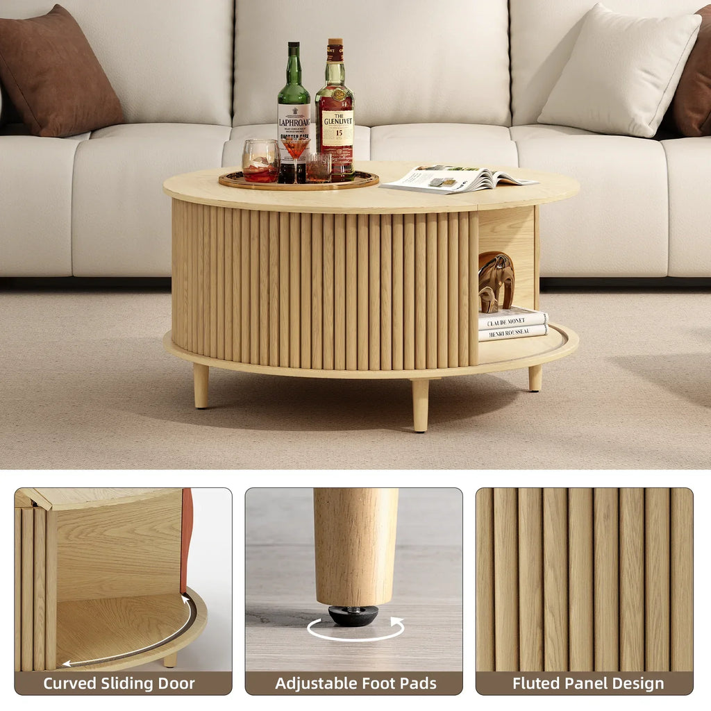 2026 NewJOINICE Round Coffee Table with Storage and Sliding Door,Mid Century Modern Wooden Center Table,for Living Room,Walnut