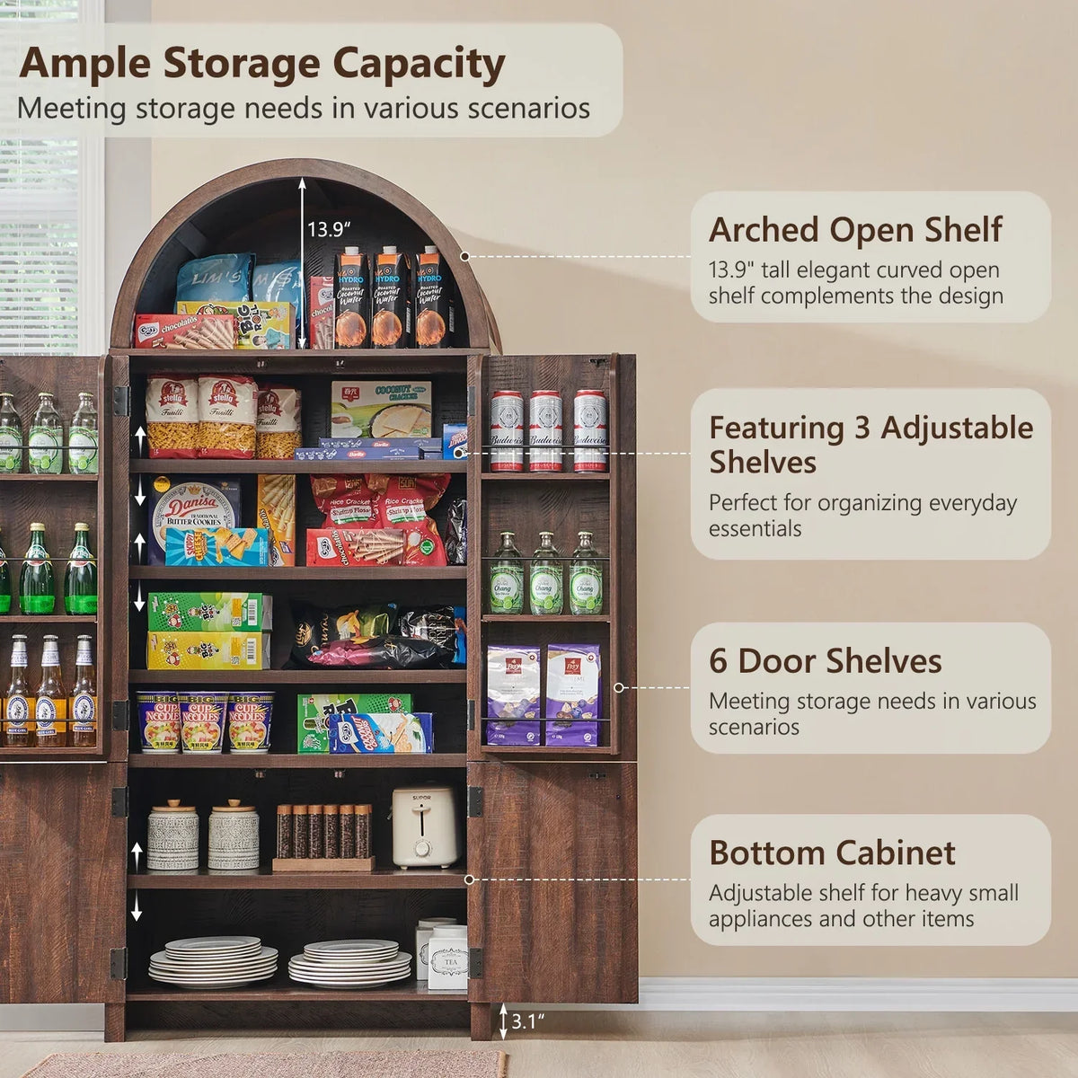 2026 NewIFGET 71" Tall Arched Kitchen Pantry Storage Cabinet, Large Storage Cabinet with Adjustable Shelves, Pantry Cabinet for Kitchen, Dining Room