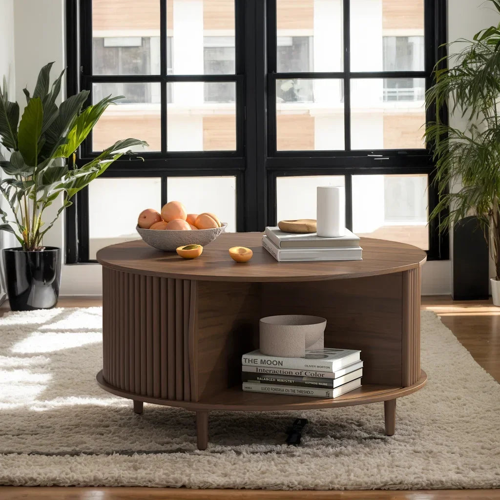 2026 NewJOINICE Round Coffee Table with Storage and Sliding Door,Mid Century Modern Wooden Center Table,for Living Room,Walnut