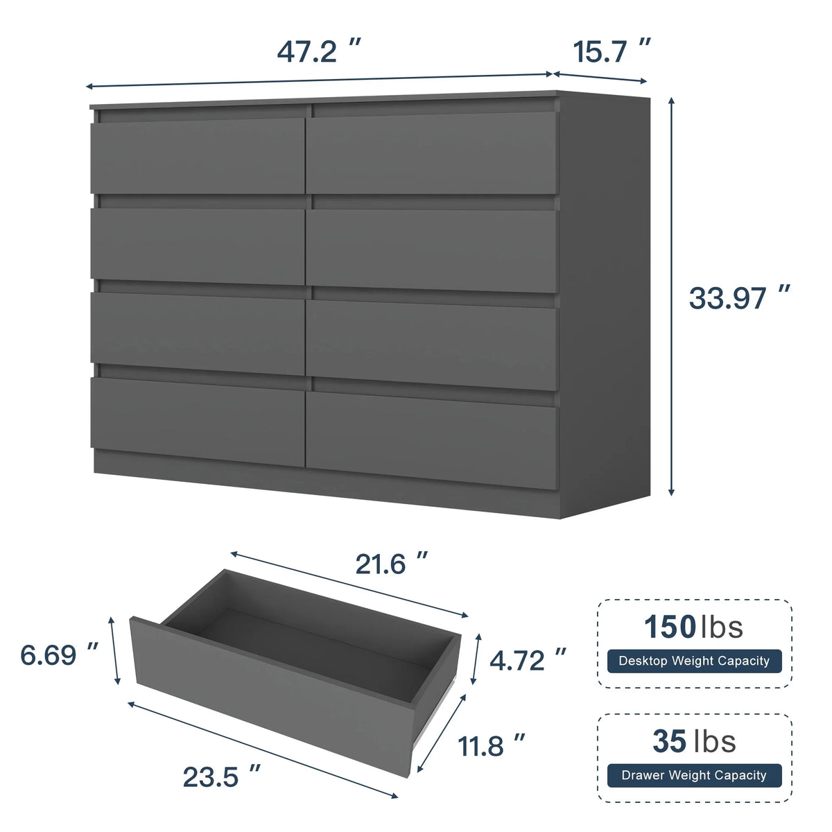 2026 NewResenkos Modern Mid Century 6 Drawer Wide Dressers Chests for Bedroom, Chest of Drawer Organizer Grey