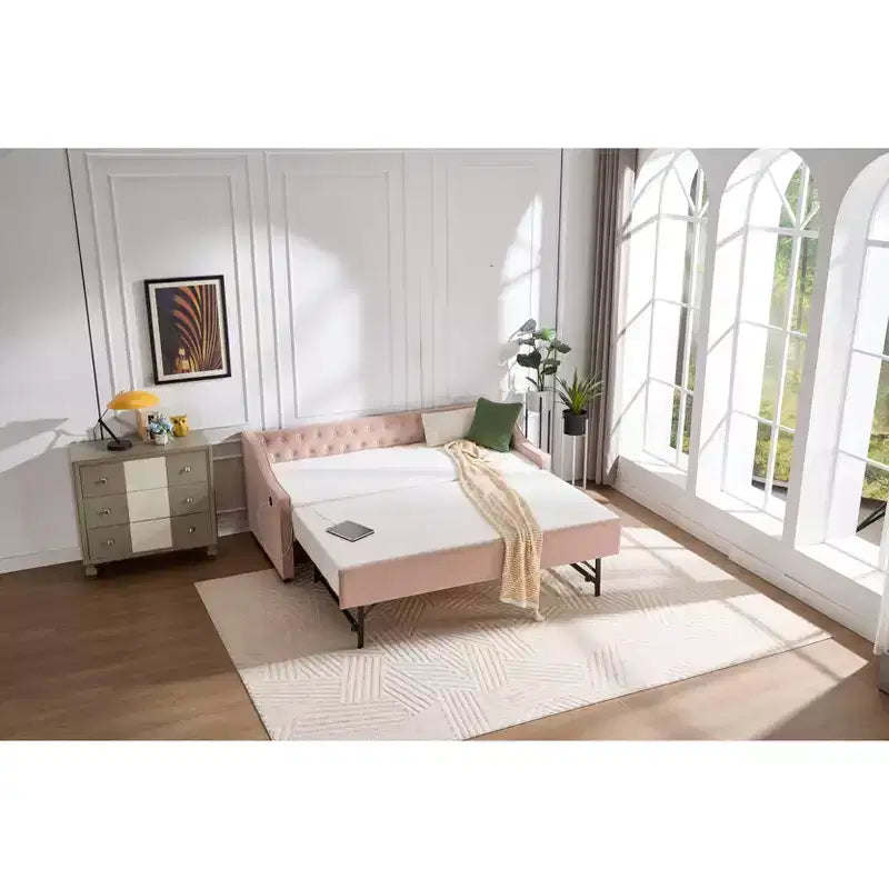 2026 Cama sofá Twin con cama nido, tapizada en terciopelo, puerto USB y bolsillos laterales - ModernLuxe