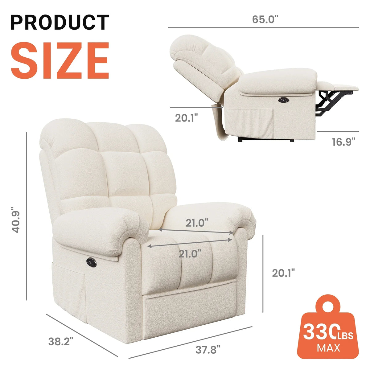 2026 NewPower Recliner Chair,Electric Recline Sofa Chair for Adults with USB Port,Comfy Teddy Fleece Adjustable Cloud Sofa,Tool-Free Setup,Beige White