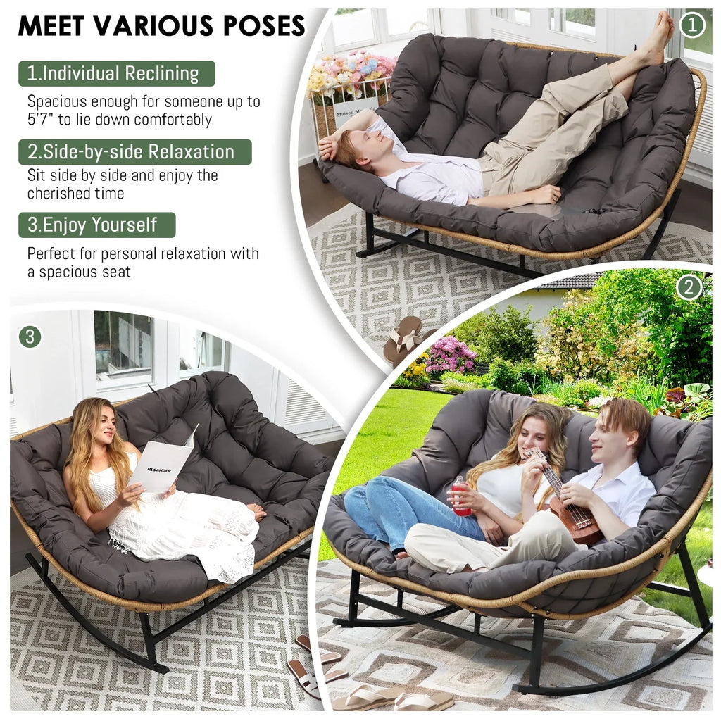 2026 NewRADIATA Beige Double Outdoor Rocking Chair, 2 Person Patio Rocking Egg Chair with Thick Cushion