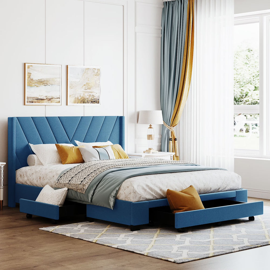 2026 NewSesslife Queen Bed Frame with Storage, New Upgraded Linen Upholstered Platform Bed with 3 Drawers, Queen Size Storage Bed with Headboard and Wooden Slats, No Box Spring Needed, Holds 500lbs, Beige