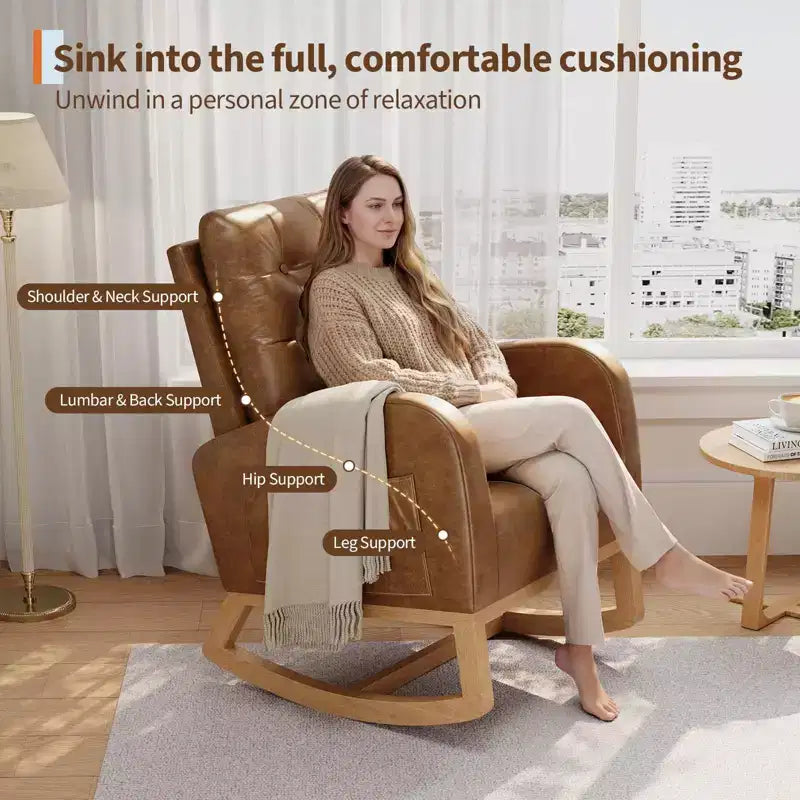 2026 Sillón mecedora deslizante tapizado con bolsillo lateral, estructura de madera, 1 plaza