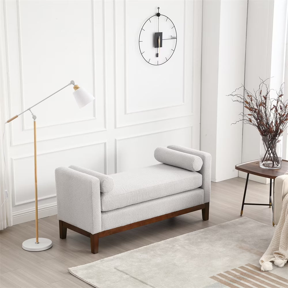 2026 New53.5"W Elegant Upholstered Bench with Wood Legs & Round Pillows,Comfy Boucle Fabric Footrest with Arms, Entryway Bench for End of Bed, Bedroom and Living Room, Ivory