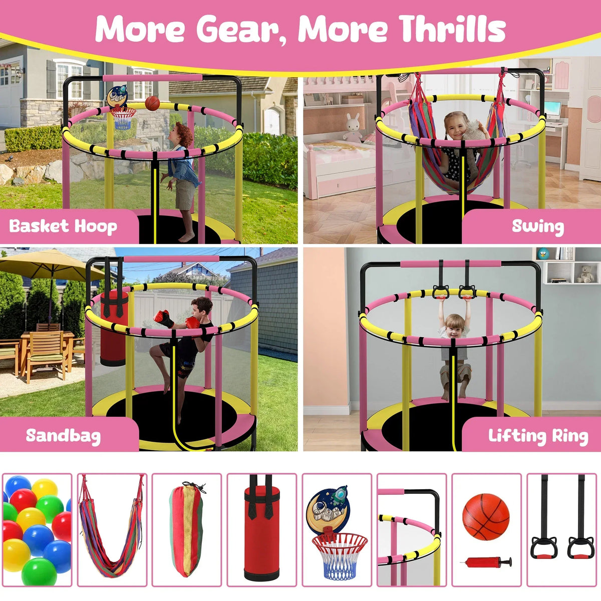 2026 NewMini Round Trampoline for Kids with Basketball Hoop, SEGMART 55'' Indoor Outdoor Toddler Trampoline with Enclosure Net, Swing, Sandbag, Ring, Ocean Balls, Small Trampoline Gift for Boys Girls, Blue