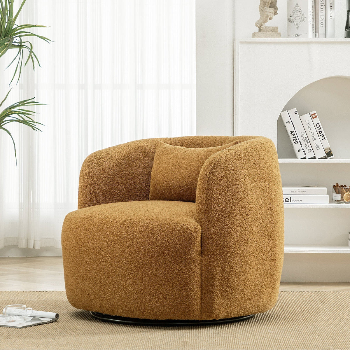 2026 New34" Wide Boucle Swivel Barrel Chair, No Assembly Round Upholstered Armchair Accent Chair Single Sofa Chair with Toss Pillow for Living Room and Bedroom, Taupe