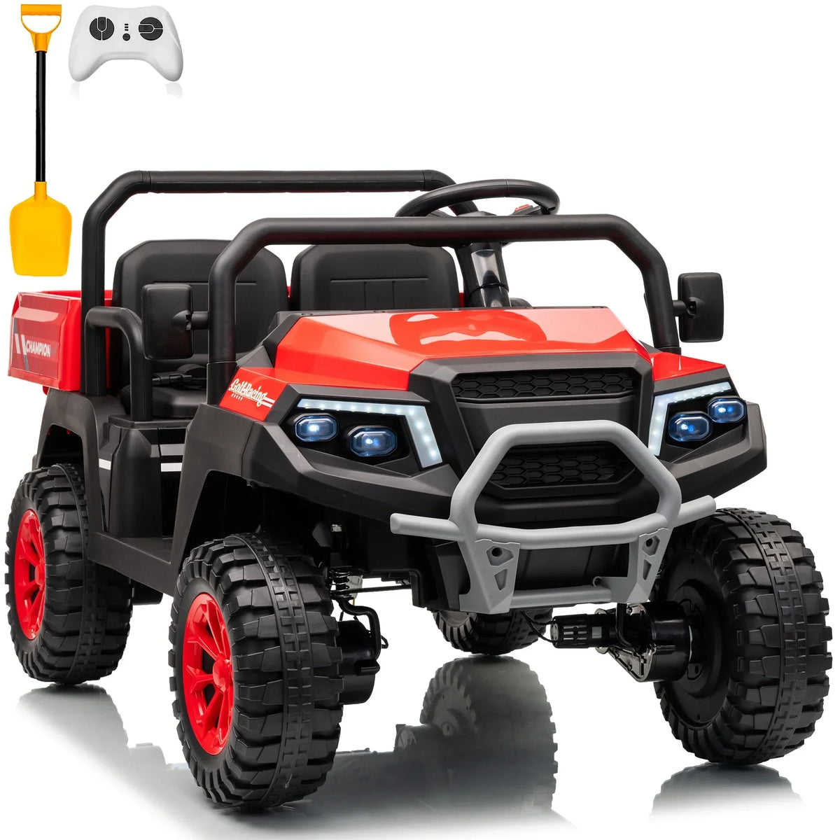 2026 NewJoyracer 4WD 24 Volt Ride on Toys UTV with 2 Seater & Remote Control, Kids Electric Golf Cart w/ 4x200W Power Motors, Tiltable Trailer & Shovel, 4 Wheels Spring Suspension, Bluetooth USB Music, Black