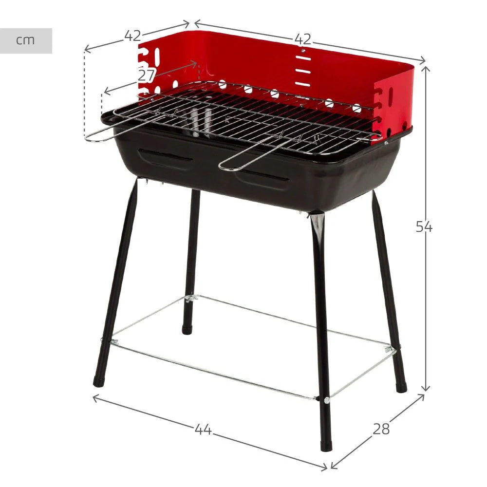 2026 Barbacoa Portátil Carbón Con Cortavientos Y Parrilla Regulable En Altura 42x42x54 Cm - Acero. Negro Y Rojo