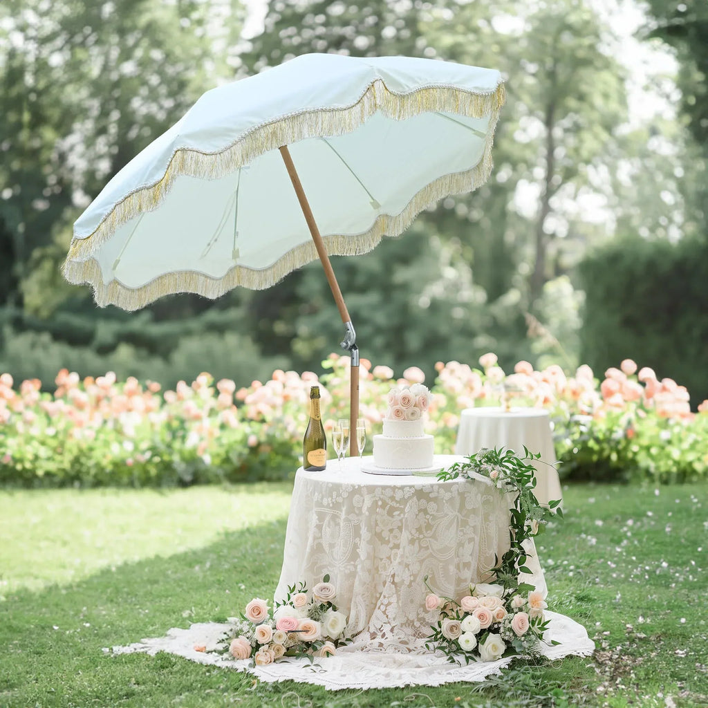 2026 NewLAGarden 6 Ft Fringe Patio Umbrella with Tassel Jazz Age Wood UPF50+ for Outdoor, Beige with gold tassel,Model: JZ6-01